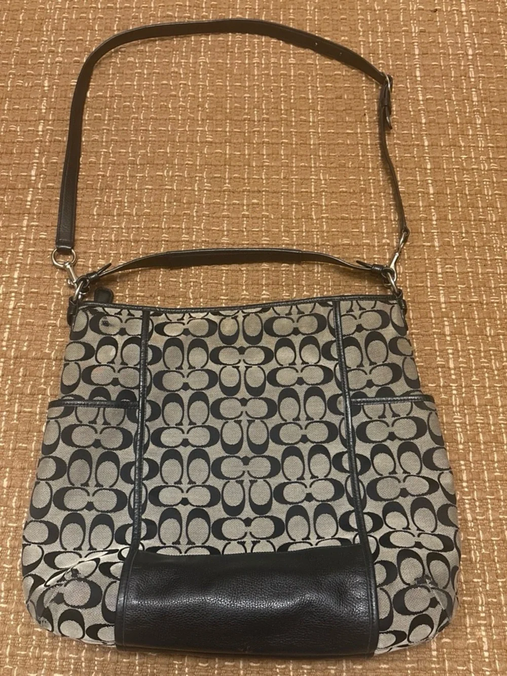 Coach Signature Canvas Shoulder Bag in Black and Tan